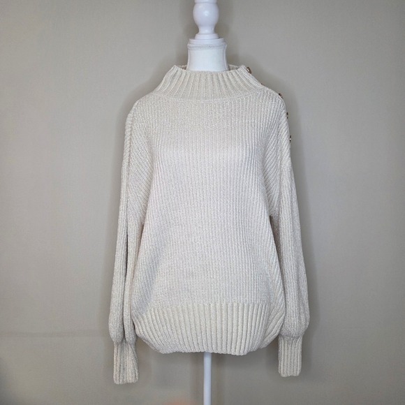 Cynthia Rowley Sweaters - Cynthia Rowley Chenille Mock Neck‎ Sweater Gold Shoulder Button Cream Large